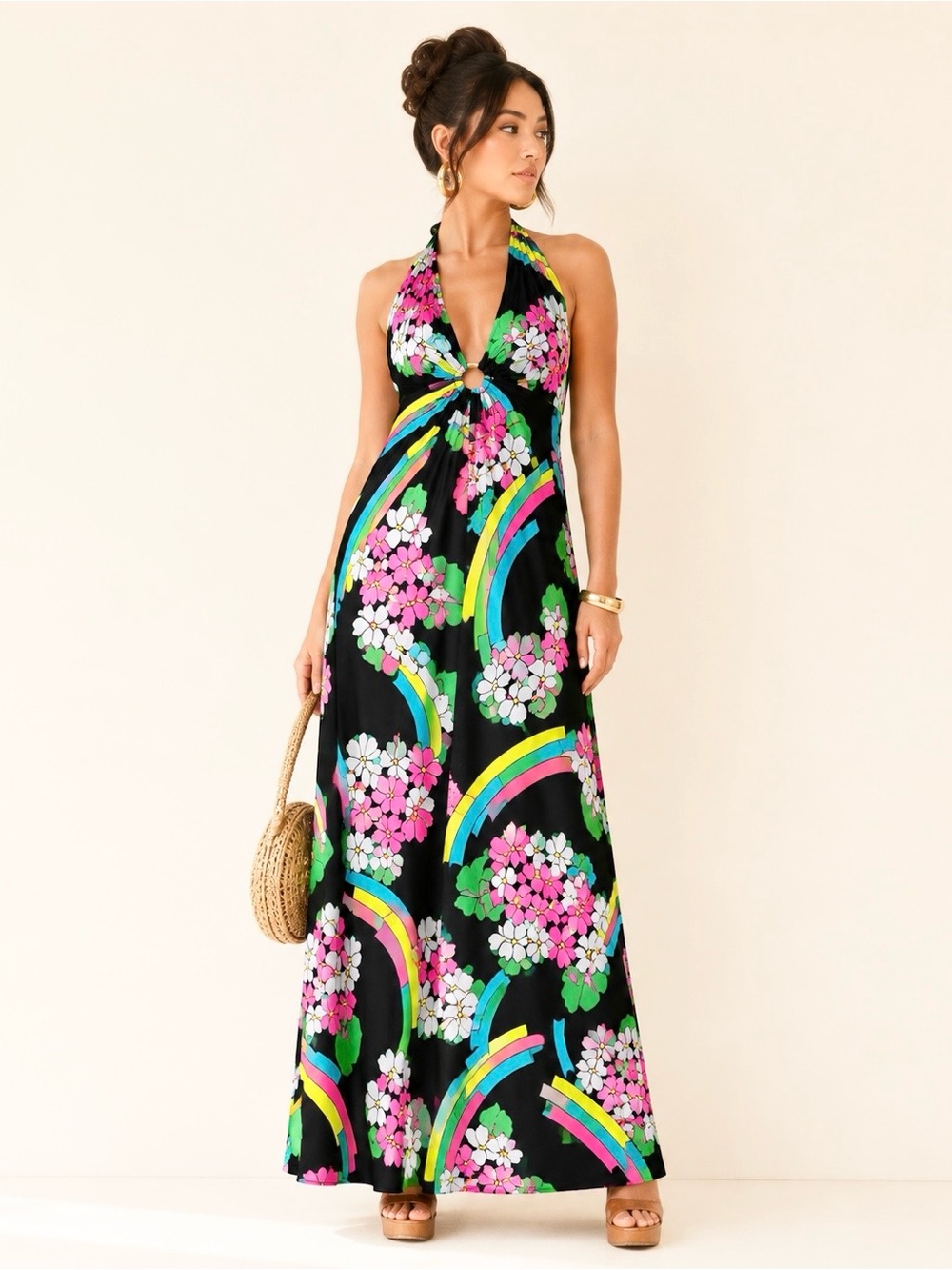 Vintage 70s Flower Power Halter Maxi Dress Psychedelic Rare Size XS/S